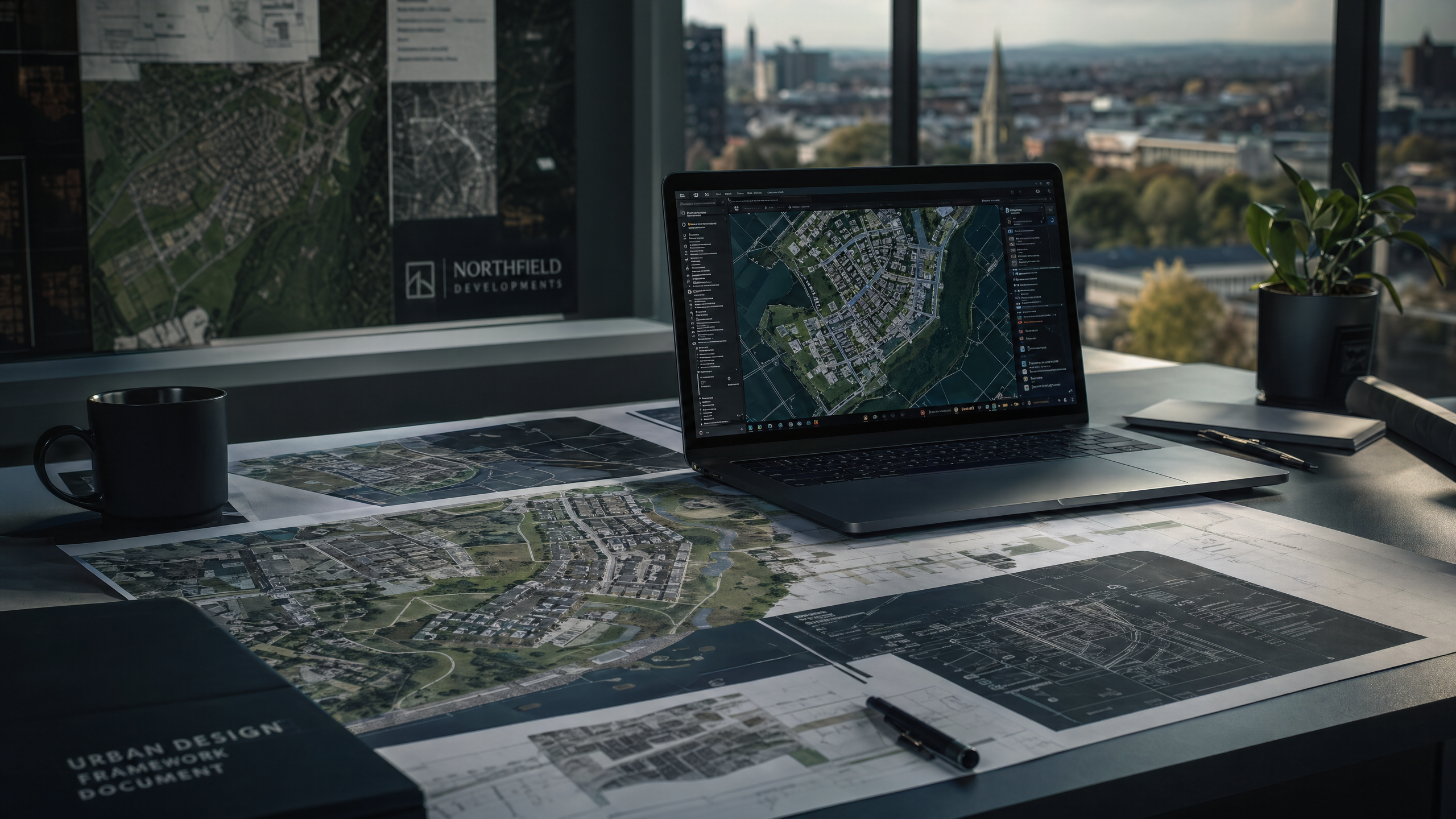 Planning consultancy office with site plans and development maps